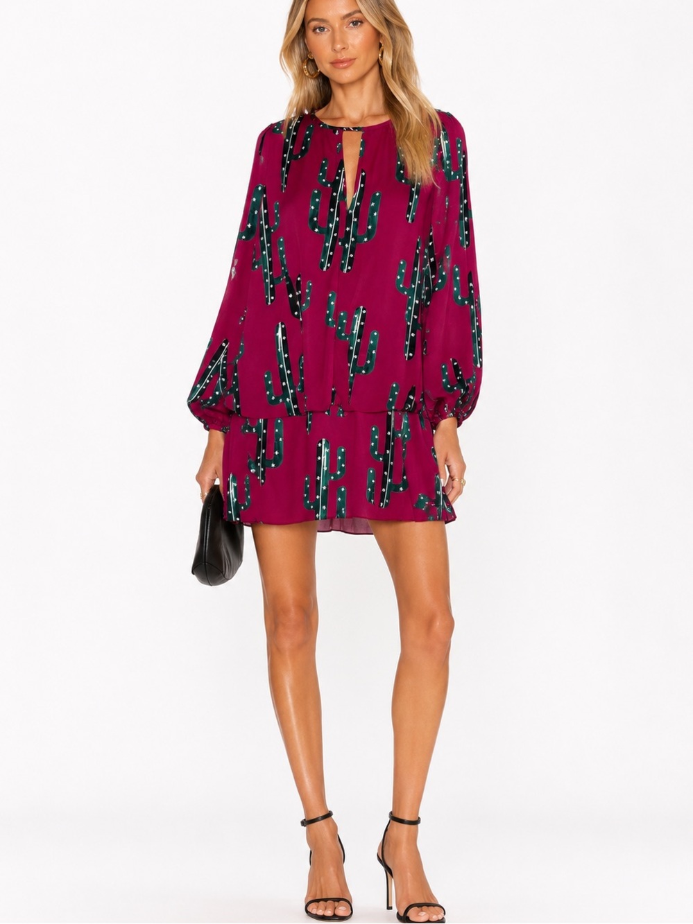 Lizzy & Lola Cactus Print Tiered Mini Dress Pink Western Boho Long Sleeve Size M